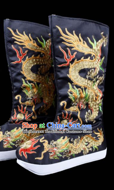 Chinese Sichuan Opera Face Changing Embroidery Shoes Traditional Bian Lian Dragon Boots Beijing Opera Black Embroidered Boots
