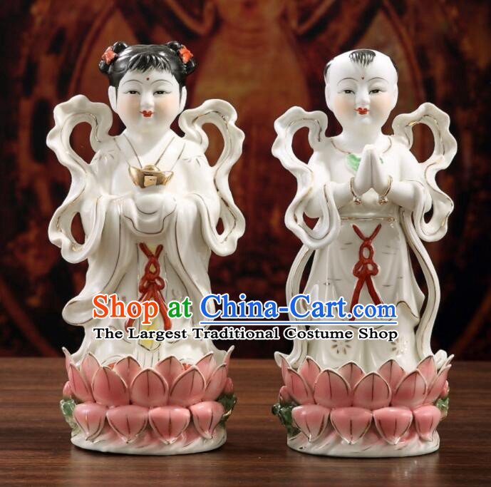 20 inches Chinese Handmade Dragon Girl and Golden Boy Porcelain Statues White Ceramic Long Nv Hong Hai Er Craft