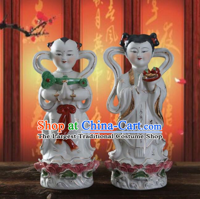 18 inches Chinese White Ceramic Long Nv Hong Hai Er Craft Handmade Dragon Girl and Golden Boy Porcelain Statues