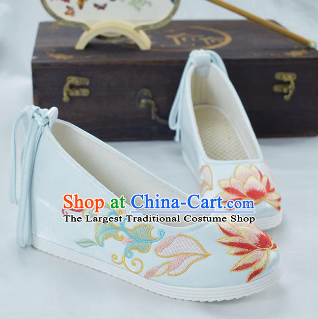 China Traditional New Year Shoes Light Blue Cloth Shoes National Embroidered Lotus Shoes