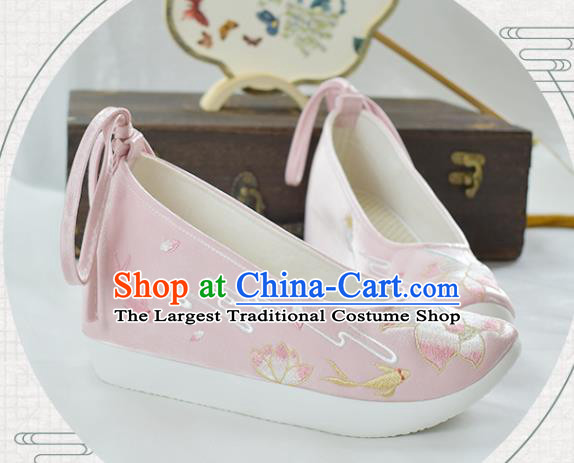 China Classical Dance Shoes Traditional Embroidered Lotus Shoe Ancient Princess Pink Cloth Shoes