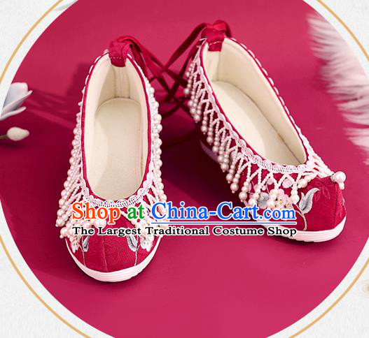 China Red Embroidered Shoes Princess Shoes Traditional Beads Tassel Shoes National Cloth Shoes