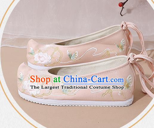 China Traditional Hanfu Shoes Ming Dynasty Young Lady Embroidered Shoes National Pink Cloth Shoes