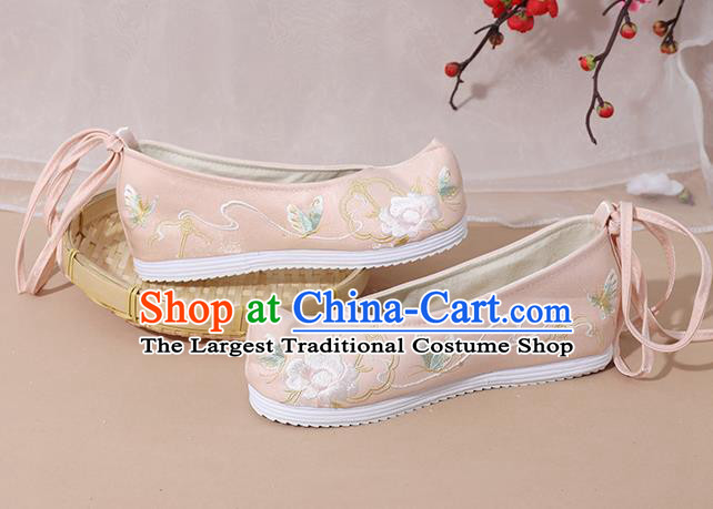 China Traditional Hanfu Shoes Ming Dynasty Young Lady Embroidered Shoes National Pink Cloth Shoes