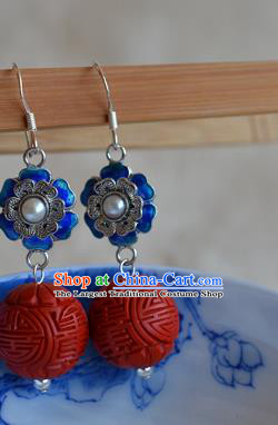 Chinese Ancient Empress Cloisonne Silver Ear Jewelry Traditional Carved Lacquerware Earrings Pearl Accessories