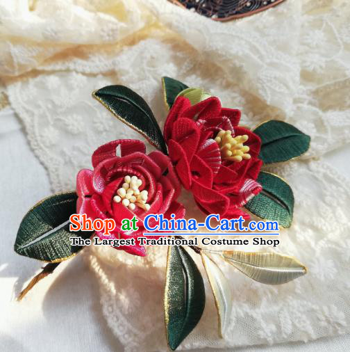 Chinese Traditional Hanfu Hair Accessories Song Dynasty Court Hairpin Ancient Princess Red Silk Camellia Hair Stick