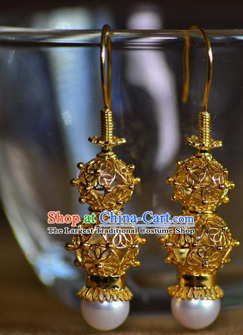 Chinese Ancient Princess Filigree Golden Gourd Ear Jewelry Traditional Ming Dynasty Pearl Earrings Accessories