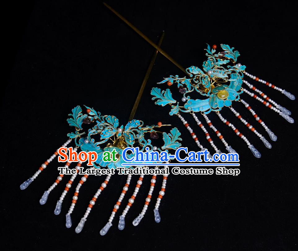 Chinese Ancient Empress Butterfly Hair Stick Traditional Qing Dynasty Jade Pearls Tassel Hairpin Hair Jewelry