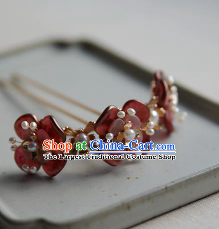 Chinese Traditional Hanfu Pearls Hair Stick Ancient Song Dynasty Princess Red Flowers Hairpin