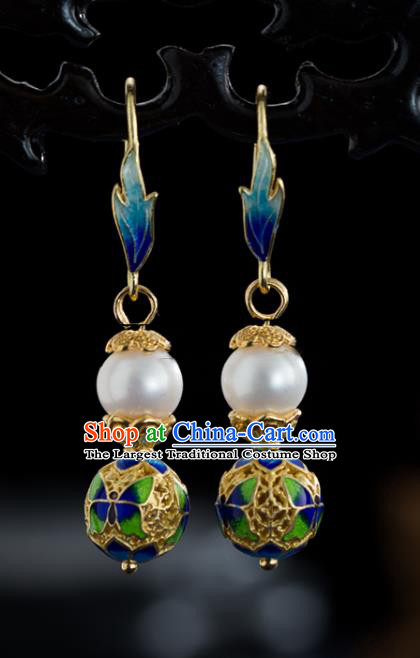 Chinese National Cheongsam Ear Jewelry Traditional Ming Dynasty Court Pearl Earrings Cloisonne Accessories