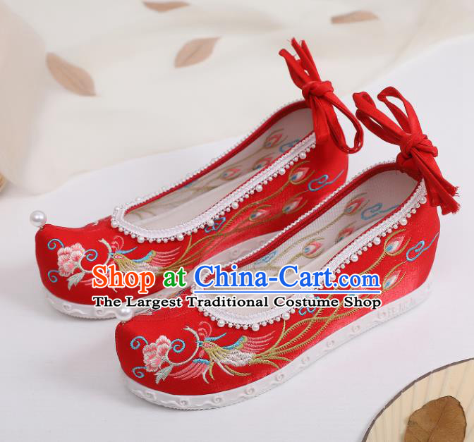 China Hanfu Bow Shoes Traditional Pearls Shoes Handmade National Shoes Embroidered Phoenix Red Shoes