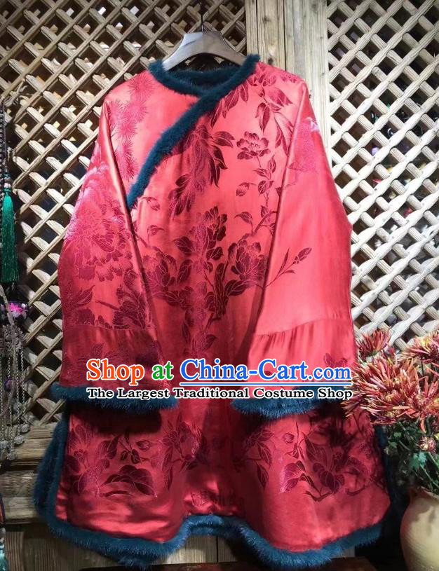 China Traditional Flowers Pattern Jacket National Tang Suit Outer Garment Red Silk Cotton Wadded Coat