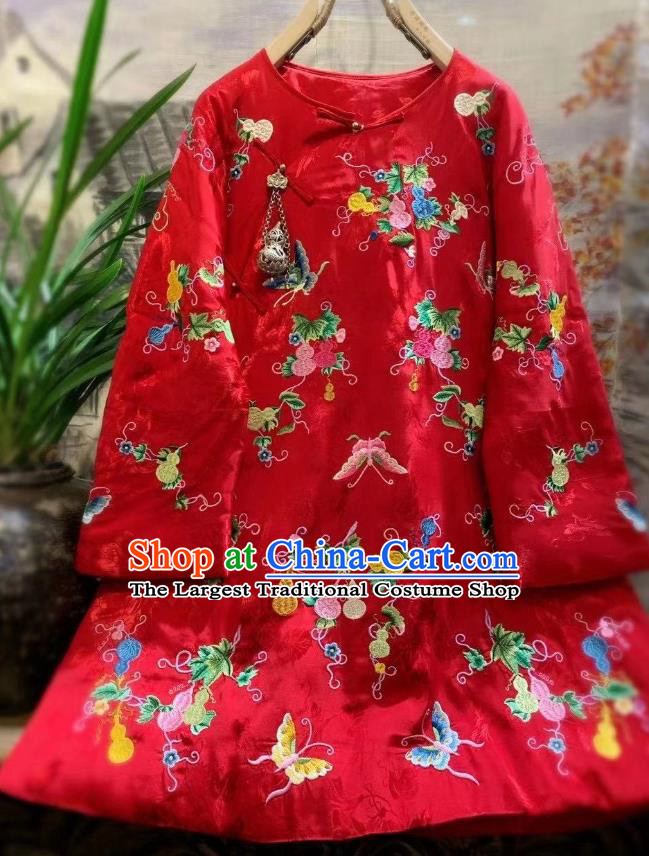 China Traditional Embroidered Butterfly Jacket National Outer Garment Tang Suit Red Satin Cotton Padded Coat