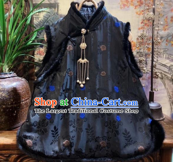 China Tang Suit Black Silk Waistcoat National Winter Vest Women Upper Outer Garment Clothing