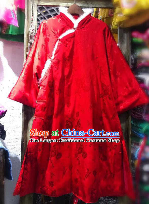 China Traditional Silk Jacket National Outer Garment Tang Suit Red Cotton Padded Coat