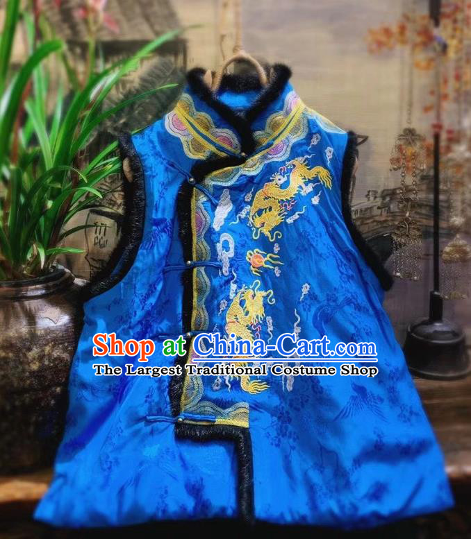 China National Upper Outer Garment Clothing Embroidered Dragon Royalblue Vest Tang Suit Silk Waistcoat