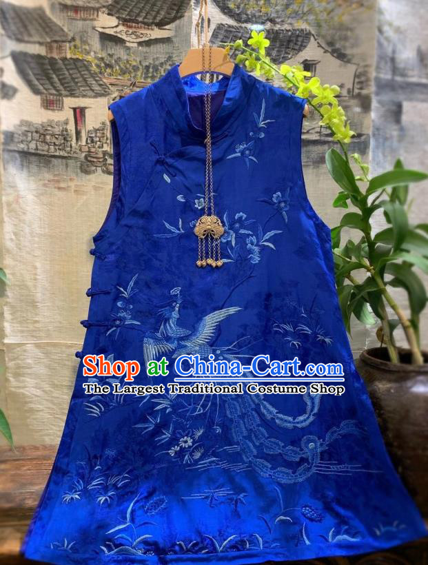 China Tang Suit Royalblue Silk Waistcoat National Clothing Embroidered Phoenix Vest