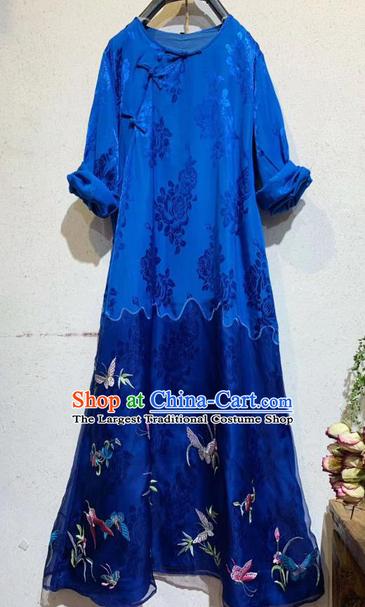 Traditional Chinese Embroidered Butterfly Long Qipao Dress National Clothing Royalblue Silk Cheongsam