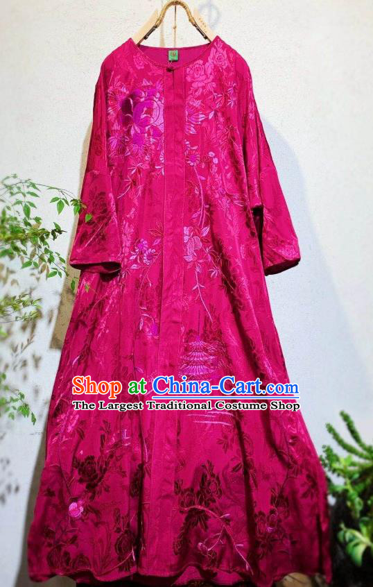 Chinese Traditional Rosy Silk Cheongsam National Clothing Embroidered Long Qipao Dress