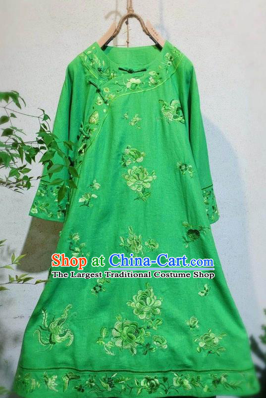 Chinese Traditional Embroidered Round Collar Cheongsam National Woman Clothing Green Flax Qipao Dress