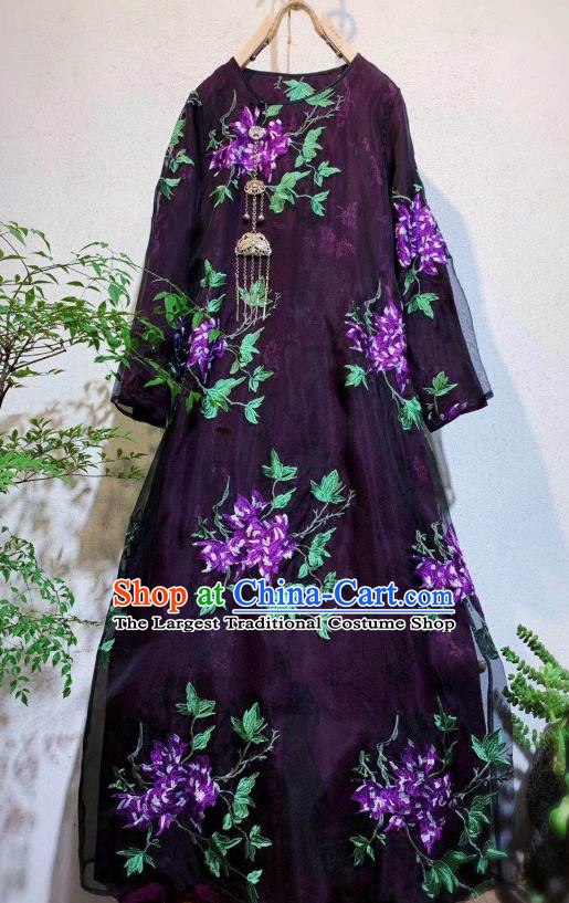 Chinese National Clothing Deep Purple Silk Qipao Dress Traditional Embroidered Cheongsam
