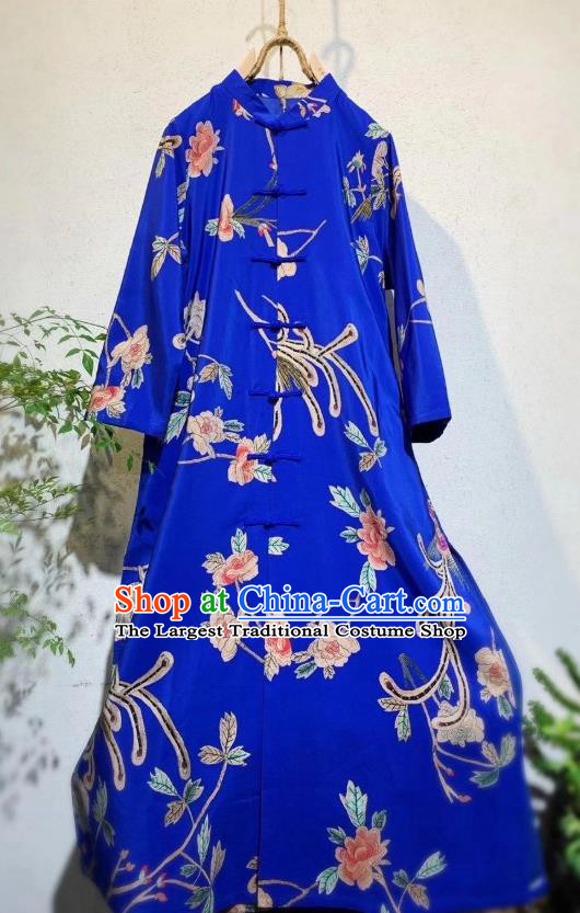 Chinese Printing Phoenix Peony Qipao Dress Traditional Royalblue Cheongsam National Clothing