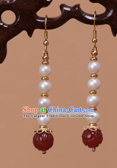 China Traditional Pearls Earrings Ancient Tang Dynasty Palace Lady Agate Lotus Ear Jewelry