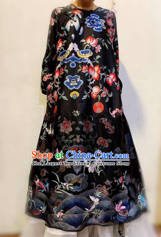 Chinese Traditional Embroidered Butterfly Cheongsam Clothing National Black Silk Qipao Dress