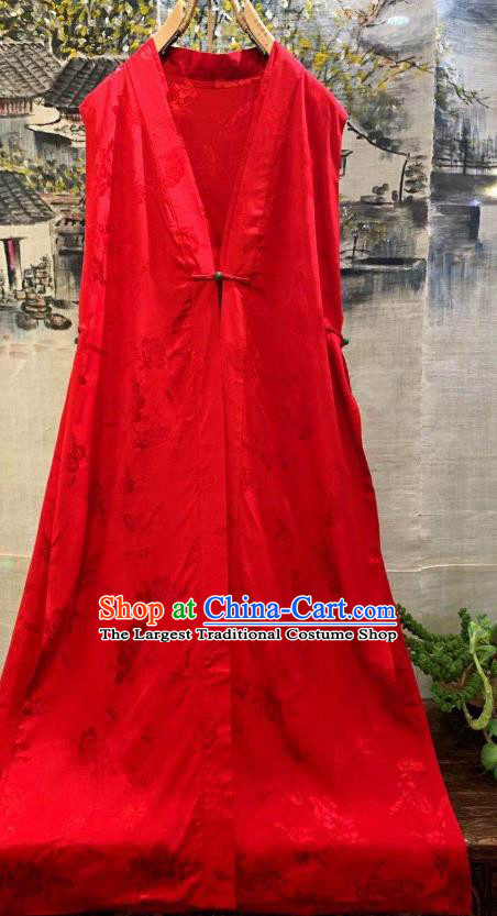 China Embroidered Dragons Red Silk Long Vest Tang Suit Waistcoat National Clothing