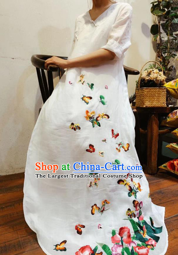 Chinese Embroidered Butterfly Qipao National White Flax Cheongsam Traditional Dress Clothing