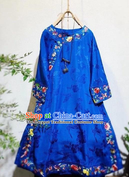 Chinese Mandarin Qipao Dress Traditional Royalblue Silk Cheongsam National Embroidered Clothing
