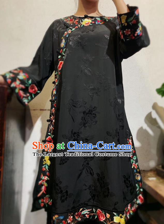 Chinese Traditional Black Silk Cheongsam National Embroidered Mandarin Qipao Dress Clothing