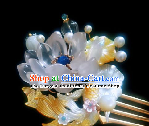 Chinese Handmade Shell Hairpin Traditional Ming Dynasty Lotus Goldfish Hair Comb