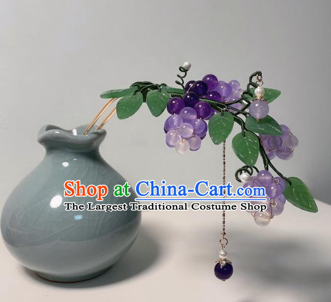 Chinese Ming Dynasty Princess Grape Hair Stick Handmade Traditional Hanfu Amethyst Beads Tassel Hairpin