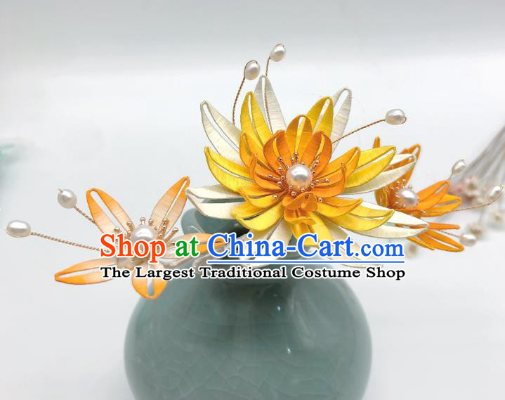 Chinese Handmade Yellow Silk Epiphyllum Hairpin Traditional Ming Dynasty Palace Lady Hair Stick