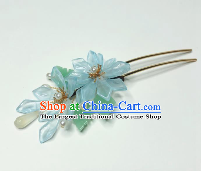 Chinese Traditional Ming Dynasty Princess Hair Stick Handmade Blue Flowers Hairpin