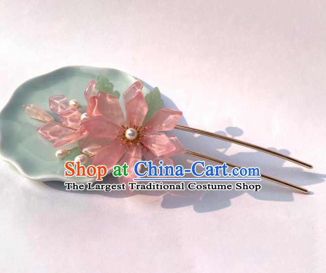 Chinese Handmade Peach Pink Flowers Hairpin Traditional Ming Dynasty Princess Hair Clip