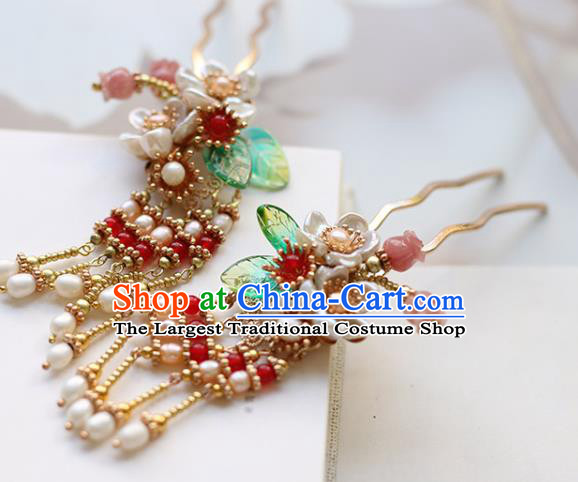 Chinese Handmade Pearls Tassel Hair Comb Traditional Ming Dynasty Princess Shell Flowers Hairpin