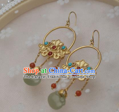 China Traditional Cheongsam Golden Earrings Ancient Princess Jade Agate Ear Jewelry