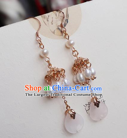 China Traditional Hanfu Flower Petal Earrings Ancient Song Dynasty Princess Pearls Ear Jewelry