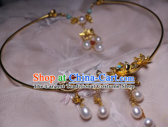 China Traditional Tang Dynasty Golden Lotus Necklet Accessories Handmade Hanfu Pearls Tassel Necklace