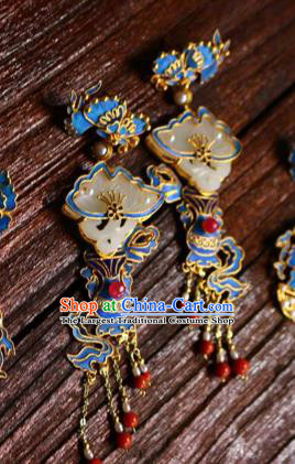 China Classical Red Beads Tassel Ear Jewelry Traditional Cheongsam Jade Flower Earrings