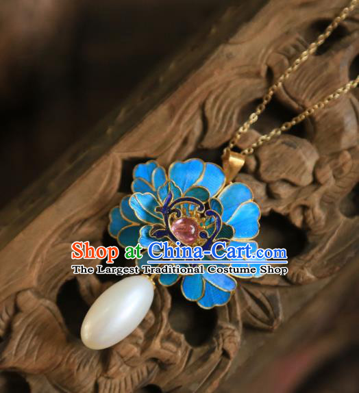 China Traditional Cloisonne Peony Necklace Jewelry Accessories Qing Dynasty Pearls Tourmaline Necklet Pendant