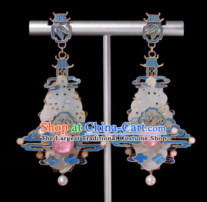 Chinese Traditional Tourmaline Jewelry Qing Dynasty Pearls Earrings Ancient Empress Jade Ear Accessories