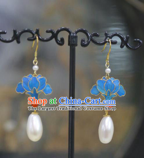 Chinese Handmade Pearls Earrings Jewelry Traditional Ancient Empress Cloisonne Peony Ear Accessories