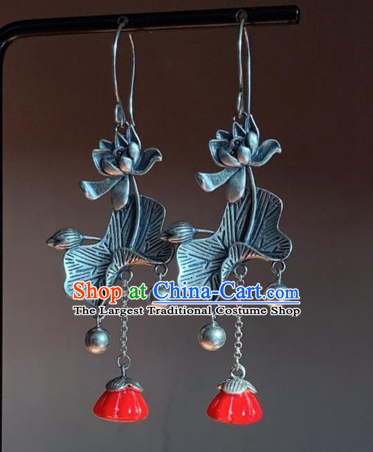 China National Silver Carving Lotus Earrings Traditional Cheongsam Tassel Ear Accessories