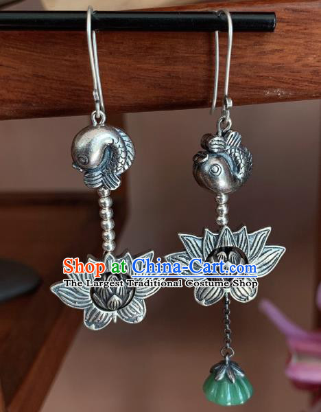 China Traditional Cheongsam Silver Carving Lotus Ear Accessories National Jade Tassel Earrings