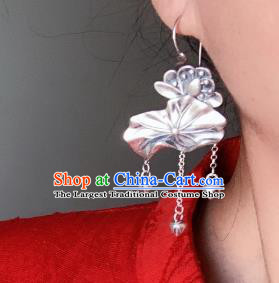 China Traditional Cheongsam Ear Accessories National Silver Carving Lotus Earrings
