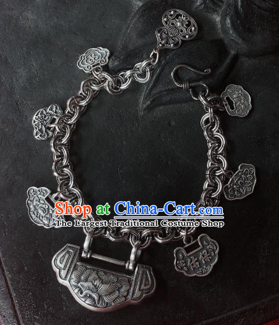 Handmade Chinese Ethnic Carving Peony Bangle Wedding Wristlet Accessories National Silver Lock Bracelet