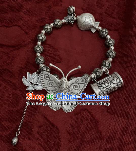 Handmade Chinese Wristlet Accessories Ethnic Carving Lock Bangle National Silver Butterfly Lotus Bracelet